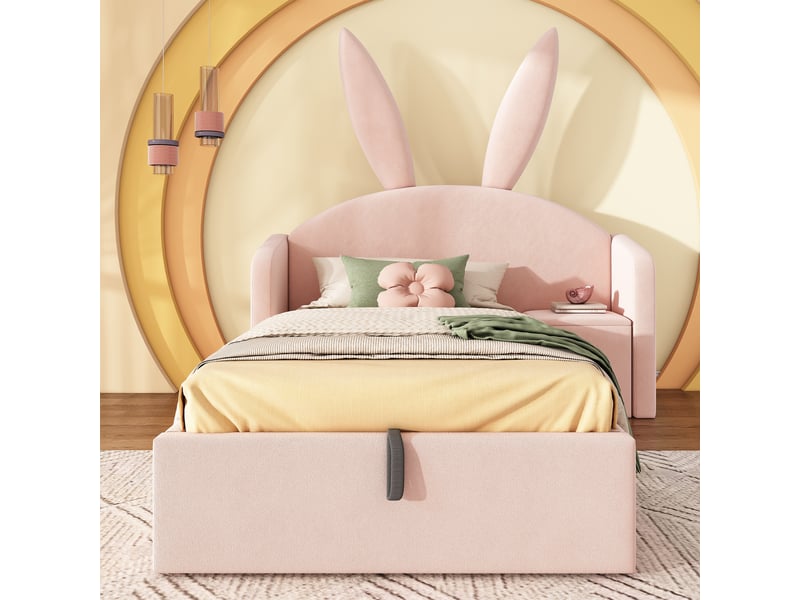  Lit enfant rembourré 90x200 cm avec tête de lit oreilles de lapin, coffre de rangement et table d'appoint, lit doux en velours, rose (sans matelas)  - Conforama E
