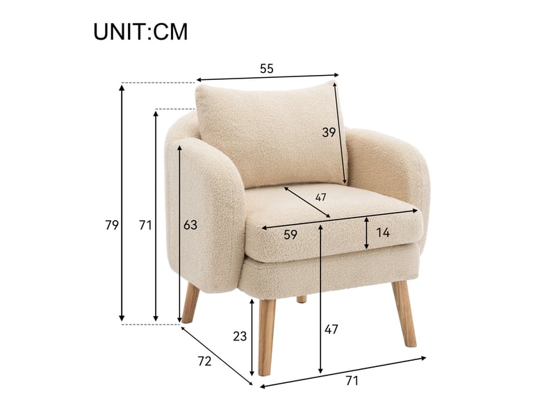  Fauteuil en teddy avec grand coussin de dossier et assise épaisse, structure en bois massif, beige  - Conforama D