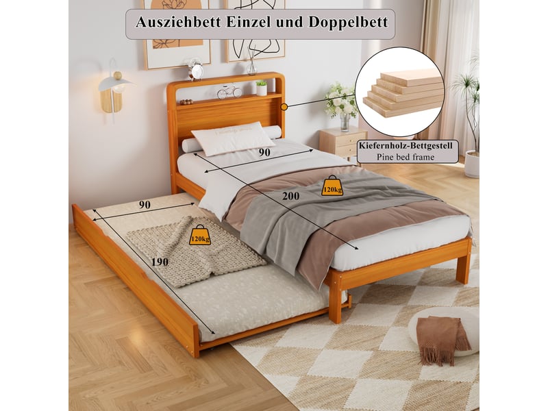  Lit avec lit gigogne et rangement en bois, 90x200 cm  - Conforama E