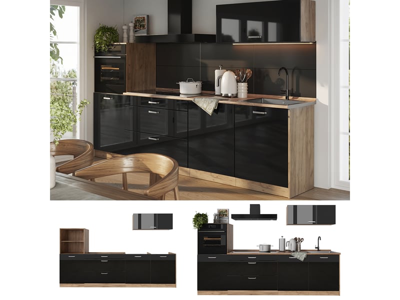  Vicco cuisine, noir haute brillancechêne doré, 280cm plan de travail marbre  - Conforama D