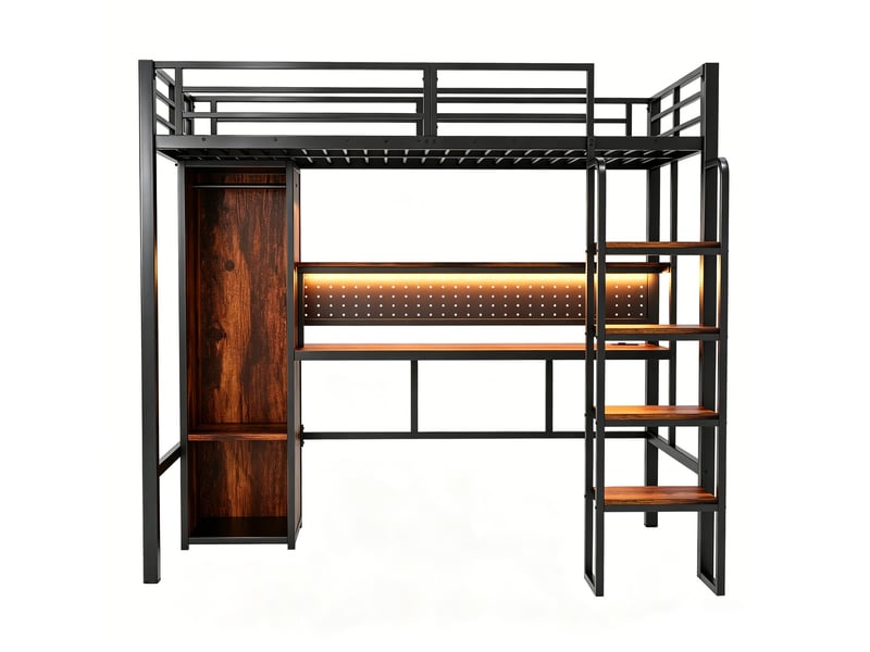  Lit mezzanine métal noir 90x200 cm, grand bureau, panneau perforé, armoire, étagère et led multicolore  - Conforama A