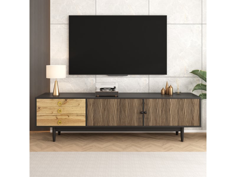  Meuble tv bas – portes effet ondulé et 3 tiroirs – finition bois et noir  - Conforama B