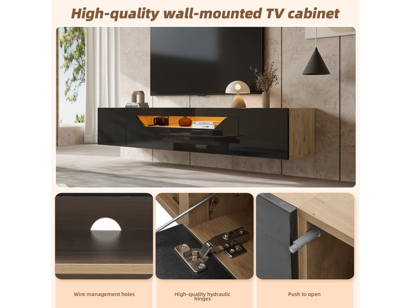  Meuble tv suspendu 180 cm avec led, façade brillante noire et bois naturel, 3 rangements, pour téléviseur jusqu’à 75 pouces  - Conforama E