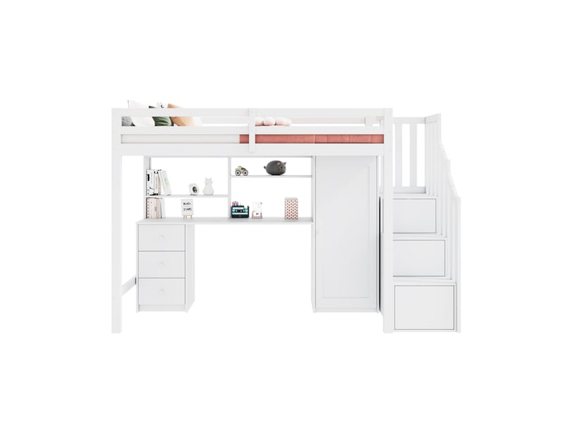  Lit mezzanine enfant 90x200 cm, bureau, armoire, escalier avec rangements, sommier à lattes, bois et mdf blanc sans matelas  - Conforama A