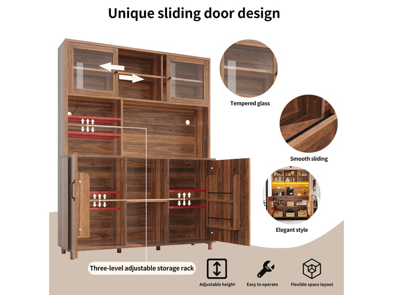 Buffet haut rétro coloris noyer, 140x40x185 cm, mdf et verre trempé, portes coulissantes, led et rangement de porte - Conforama D