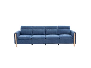 Canapé en u avec deux poufs, canapé modulable quatre places bleu en tissu chenille, rangement intégré pour salon familial