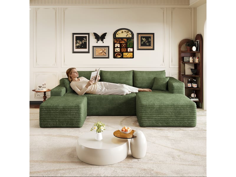 Canapé d’angle vert 4 places en velours côtelé, canapé en l de 241 cm avec méridienne et assise profonde pour le salon - Conforama D