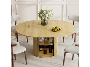 Table extensible 6 places en bois clair avec rangement intégré, plateau rabattable et pied design