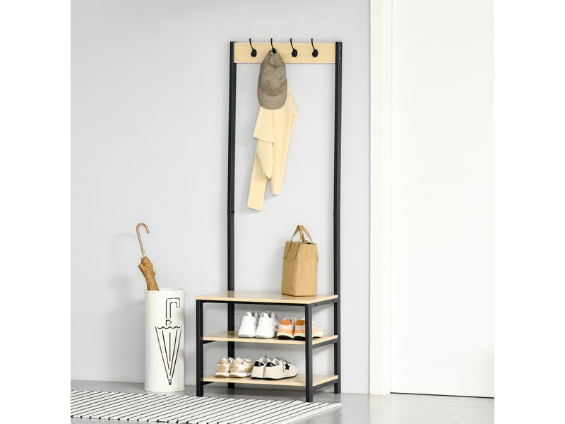 Porte-manteau métal, rangement chaussures, 3 étagères, 4 crochets, entréecouloir, 60x40x175 cm, noirnaturel.  - Conforama C