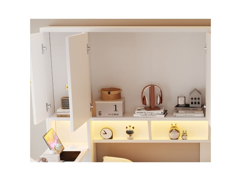 Lit multifonction en bois, 90 x 200 cm, avec bureau intégré et compartiments de rangement, tiroirs et prises électriques, blanc - Conforama E