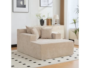 Méridienne modulable en tissu chenille beige clair avec rangement intégré et confort rembourré