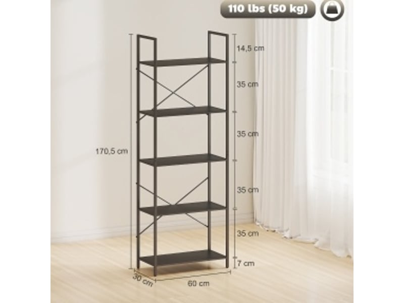  Bibliothèque à 5 niveaux avec étagères ouvertes, cadre x, style industriel pour salon, noir, 60 × 30 × 170,5 cm  - Conforama D