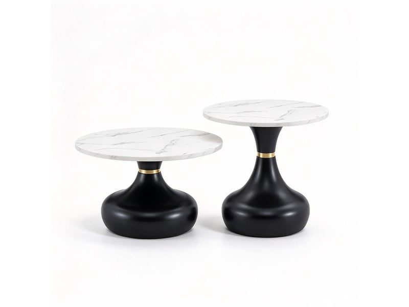  Table basse lot de 2 pièces tables rondes plateau effet marbre blanc piètement métal noir et doré  - Conforama A