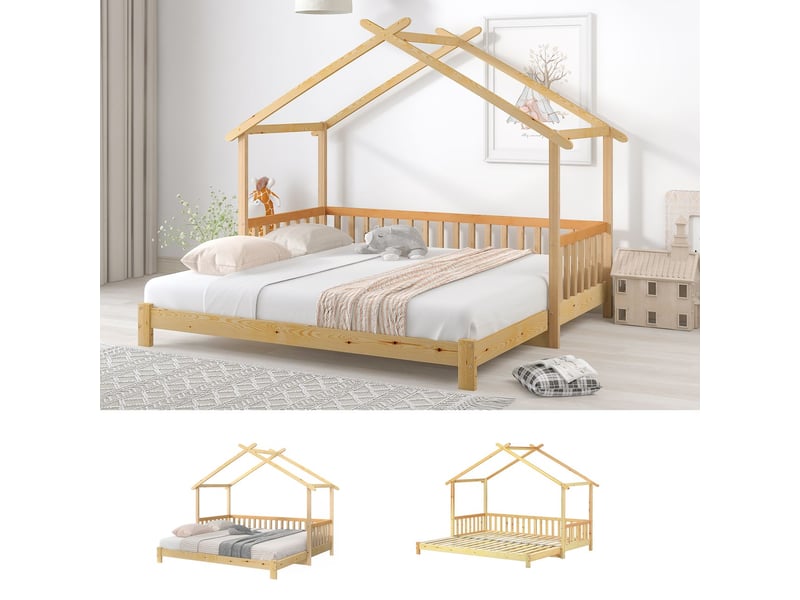 Lit cabane enfant 200x90, garde-corps sécurité lit enfant, structure bois massif, lit gigogne - Conforama E