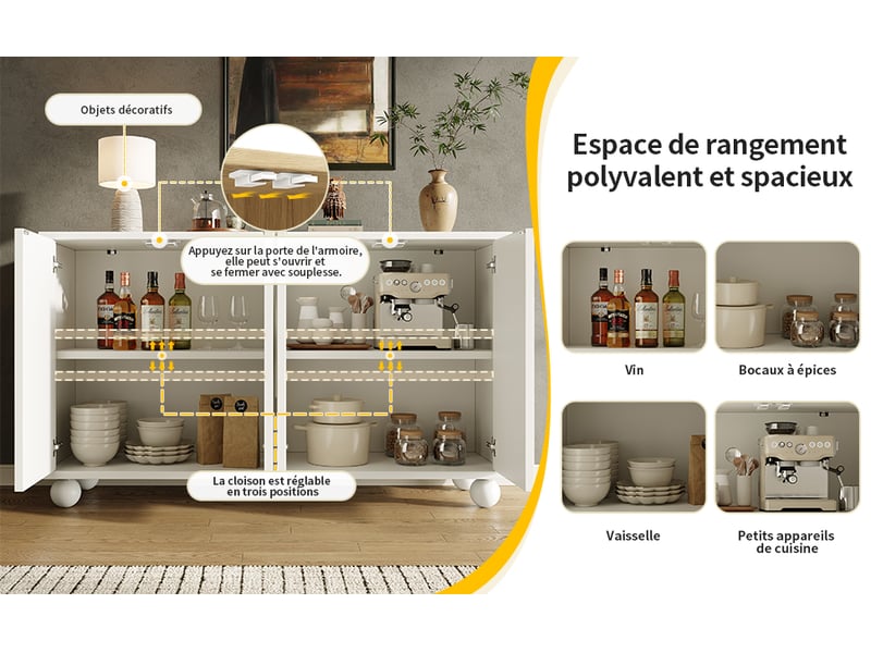  Buffet avec étagère réglable et fermeture par pression pour salon en mdf 120×35×71 cm blanc  - Conforama C