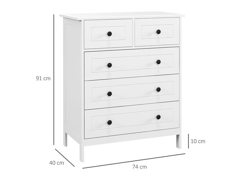  Commode à 5 tiroirs en bois gain de place et anti-basculement, 74 x 40 x 91 cm, blanche  - Conforama E