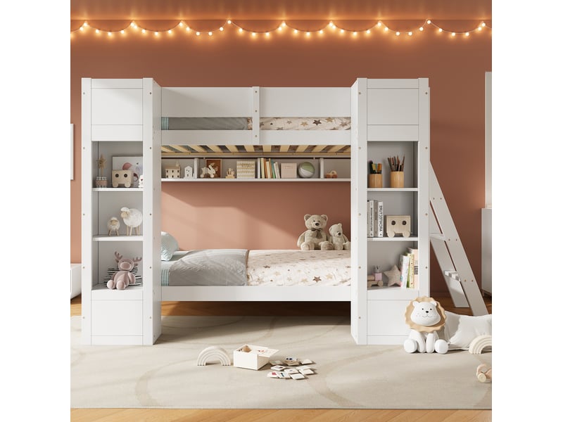  Lit superposé enfant 90x200 cm blanc avec 2 armoires, étagère et échelle  - Conforama D