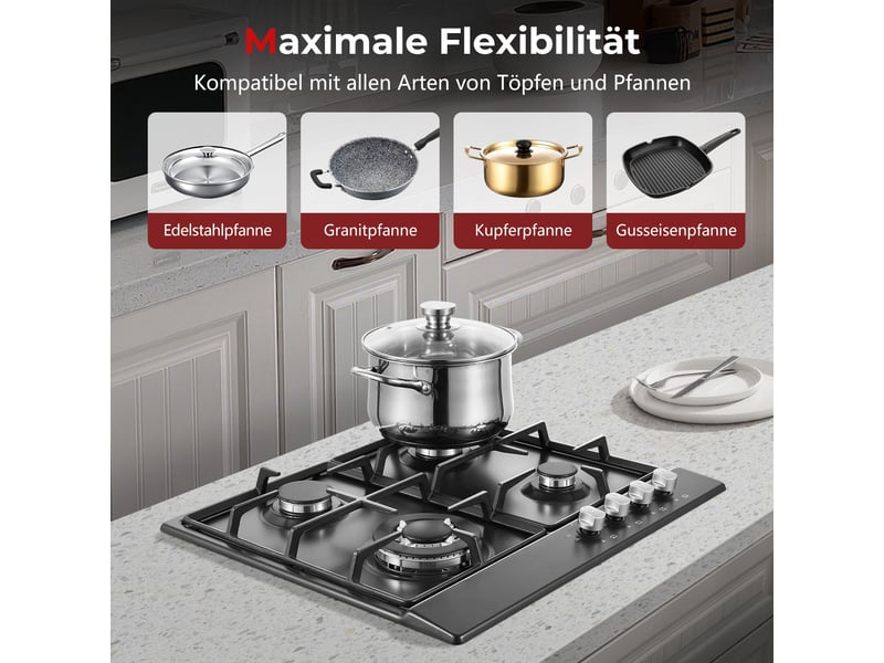Plaque de cuisson gaz 4 feux, plaque gaz émaillée noire 58 cm, allumage automatique, gaz naturel ou propane, encastrable ou posable - Conforama W