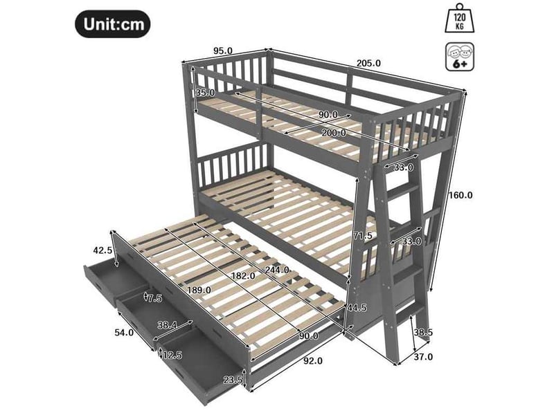  Lit superposé enfant 90x200 cm avec lit gigogne et 3 tiroirs gris  - Conforama C