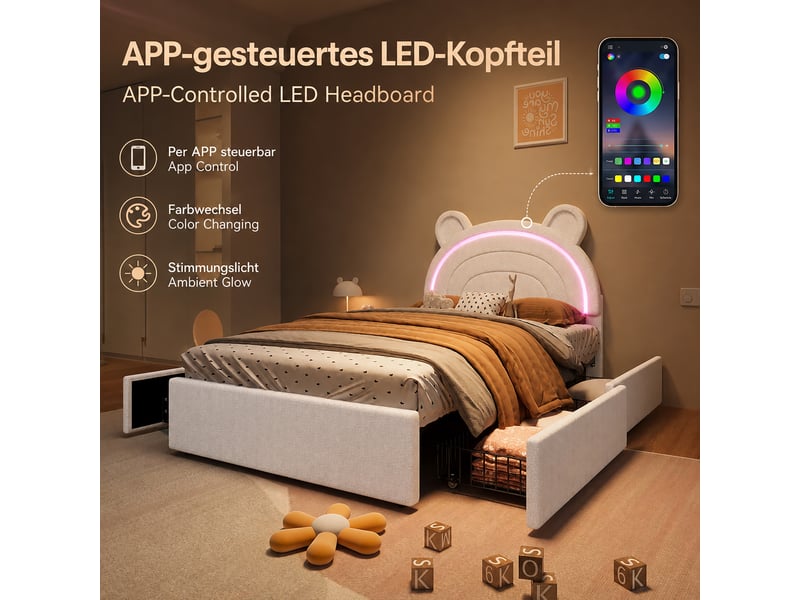  Lit enfant rembourré 90 × 200 cm 1 place avec 4 tiroirs et led réglable par application, sans matelas, beige velours  - Conforama E