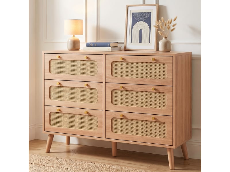 Commode 6 tiroirs effet rotin 100 cm, meuble de rangement design bohème scandinave, pieds en bois massif, chêne clair - Conforama B