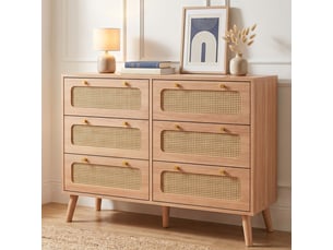 Commode 6 tiroirs effet rotin 100 cm, meuble de rangement design bohème scandinave, pieds en bois massif, chêne clair
