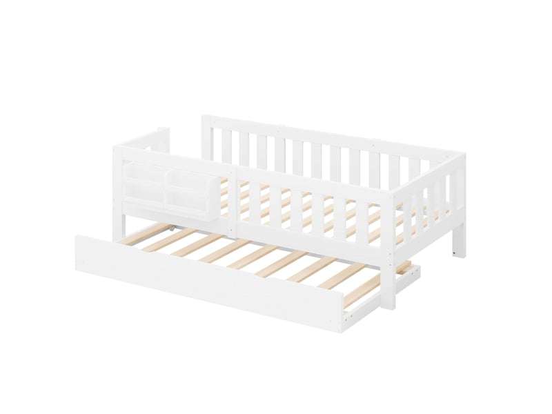  Lit enfant 90 x 200 cm avec lit gigogne 90 x 190 cm, barrières de sécurité, bibliothèque, escalier et sommier, bois et mdf, blanc OMNIGLINT TRADING LTD - Conforama E