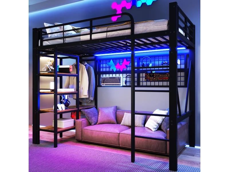  Lit mezzanine 90x200cm métal noir avec penderie, grille et étagère - lit 1 place - éclairage led app, espace ouvert chambre  - Conforama A