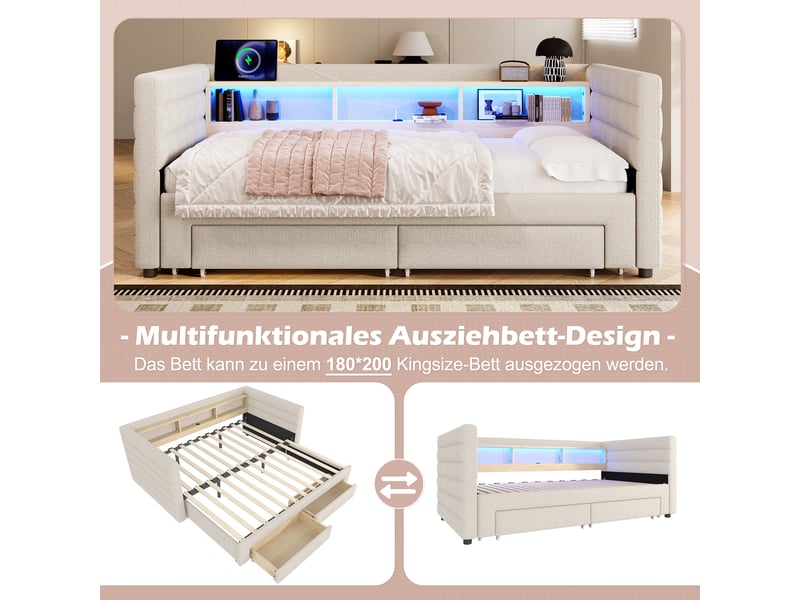  Lit de jour velours avec lit gigogne 90x190, canapé lit beige avec led, ports usb et tiroirs  - Conforama D