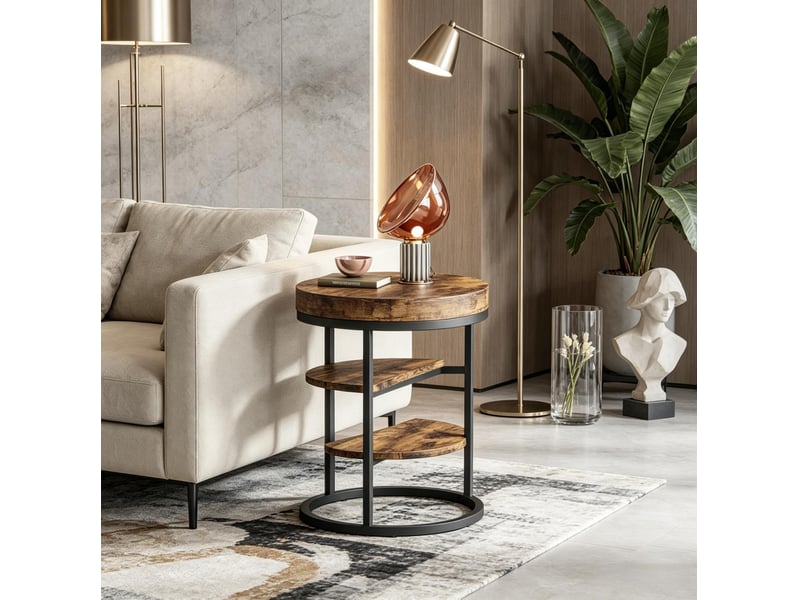  Table d'appoint ronde à 3 niveaux en bois et métal noir, marron rustique, diamètre 50 cm, style design  - Conforama B