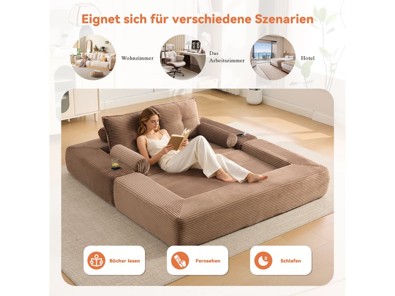  Canapé droit convertible 2 places en velours côtelé marron 180 x 98 x 80 cm, avec poches, porte-gobelet, salon séjour 180x98x80cm - Conforama W