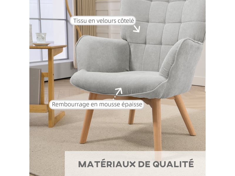  Fauteuil avec repose pied, dossier haut, pour salon chambre à coucher gris, pieds en bois et tissu aspect velours côtelé  - Conforama D