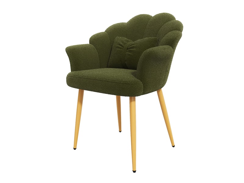 Lot de 2 fauteuils modernes verts en tissu teddy, dossier pétale, pieds dorés - Conforama D