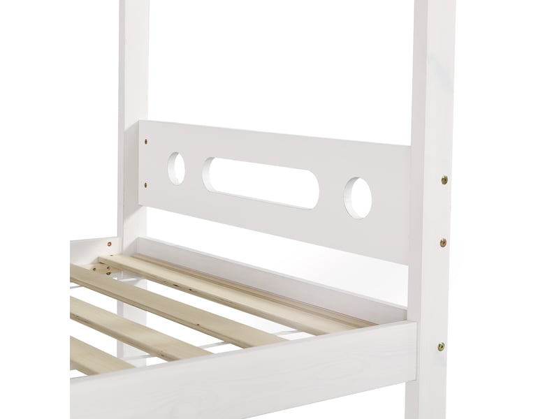 Lit superposé enfant 90x200 cm avec 2 tiroirs, étagères ouvertes et échelle 5 marches, bois blanc et naturel, sans matelas  - Conforama E