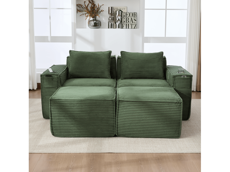 Canapé 2 places avec 2 poufs en velours côtelé vert 188x162x75 cm - Conforama W