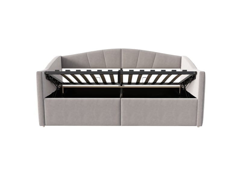 Lit enfant 90 x 200 cm, rangement grand volume, dossier et accoudoirs, tissu velours gris clair sans matelas - Conforama E