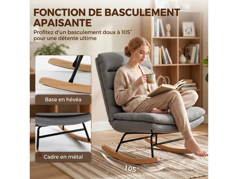  Fauteuil à bascule gris clair avec dossier haut 74 cm et assise large 72 cm, revêtement aspect lin  - Conforama E