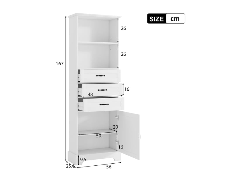 Meuble de salle de bain 56x25,6x167 cm, 3 tiroirs, armoire de rangement, design moderne, poignées noires, mdf blanc - Conforama C