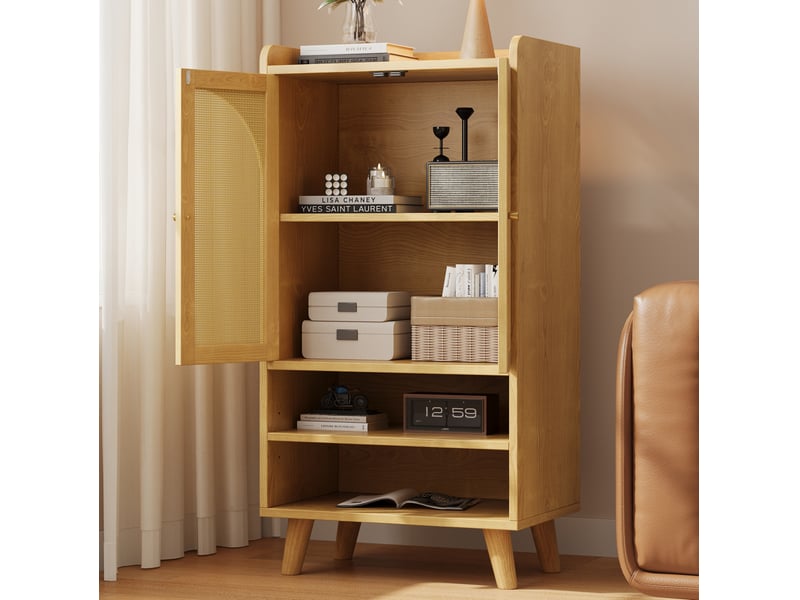  Buffet haut 60x40x121 cm, 2 portes en rotin, 2 niches, coloris naturel  - Conforama D