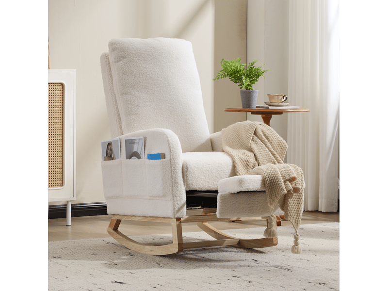  Fauteuil à bascule avec repose-pieds 75x63x104 cm en tissu bouclette blanc  - Conforama W