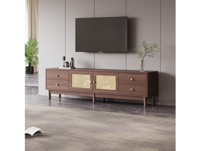  Meuble tv modenvie 180 x 35 x 44 cm avec 4 tiroirs, 2 portes motif rotin et passe-câbles, marron aspect bois foncé  - Conforama E