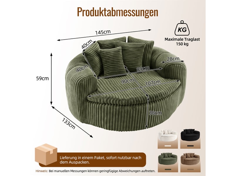  Canapé pouf lounge 1 place, assise profonde rembourrée, accoudoirs enveloppants, 5 coussins, velours côtelé vert, 145 x 133 x 59 cm  - Conforama D