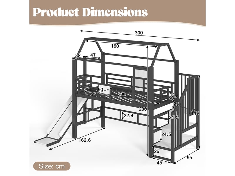  Lit mezzanine 90x200 cm, structure en métal et bois, coloris noir, rangements intégrés, led via bluetooth, escalier sécurisé, garde-corps, toboggan  - Conforama C
