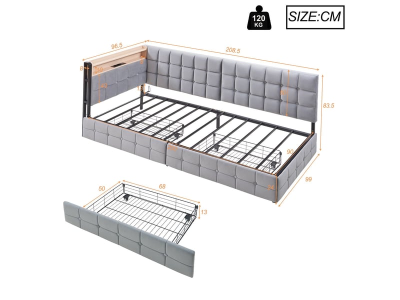  Lit rembourré 90x200, tiroirs coulissants lit une personne, rangement intégré, led multicolore, ports usb, canapé-lit  - Conforama C