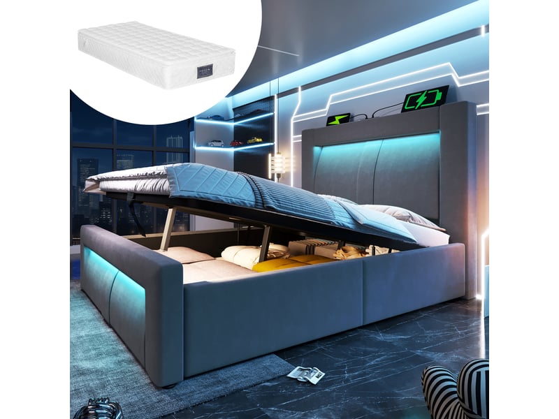 Lit coffre, lit enfant 90x200 cm, rangement hydraulique, led, usbusb-c, tête de lit incurvée, matelas inclus, velours gris  - Conforama A