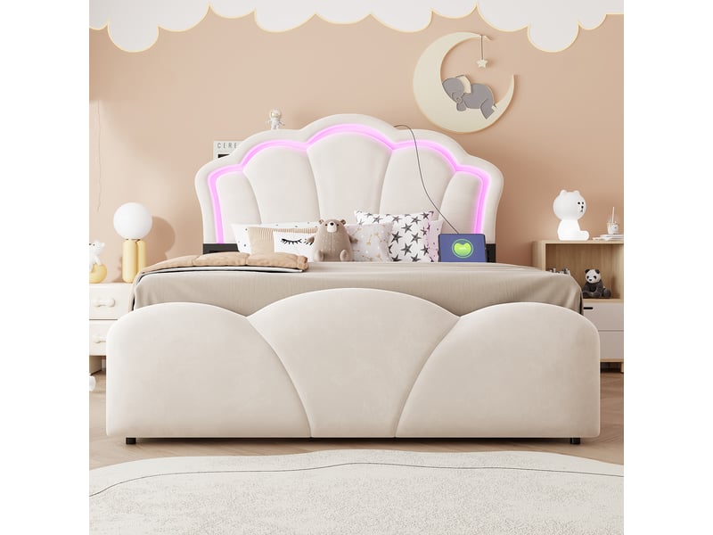  Lit coffre rembourré 140x200 cm coloris beige led velours  - Conforama D