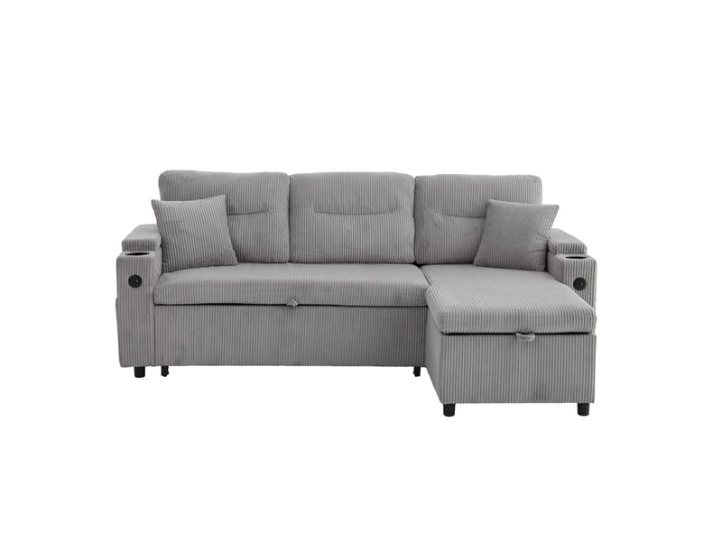  Canapé 3 places 212,5x136x86cm avec rangement, porte-verres et ports usb-c, confort et doux, velours côtelé gris clair  - Conforama A