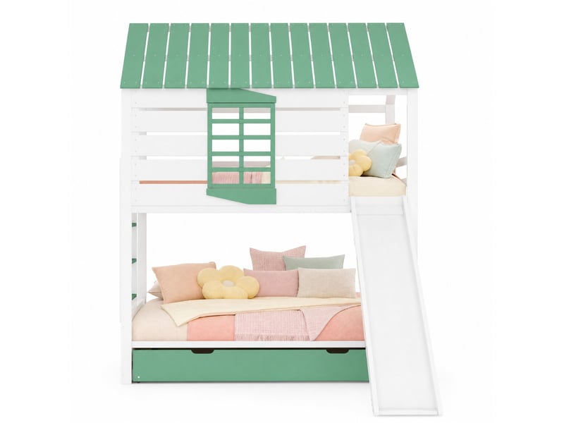  Lit superposé enfant 90x200 cm en forme de maison avec toboggan et lit gigogne blanc et vert  - Conforama A