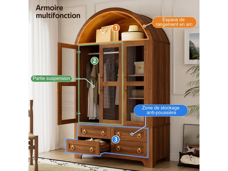  Armoire de rangement 110x50x186 cm - 4 tiroirs - led contrôlable par application - mdf et panneaux de particules - noyer CozyNest - Conforama E