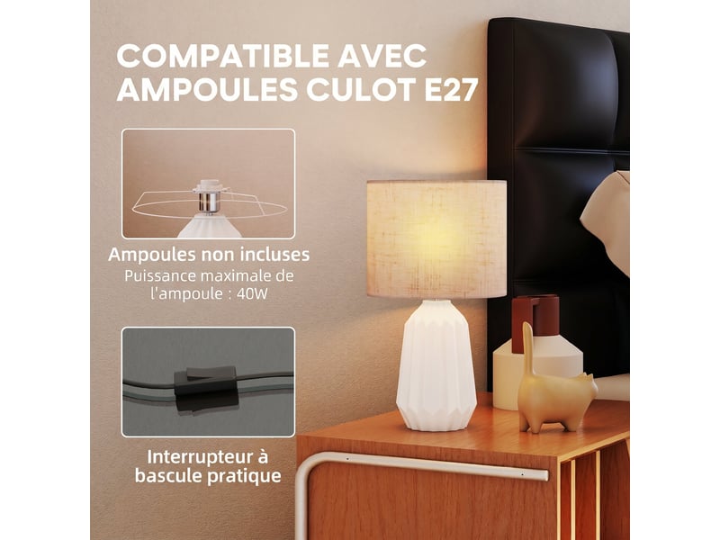  Lampe de table avec base en céramique et abat-jour en lin, lampe de chevet avec interrupteur, culot e27, blanc et beige  - Conforama E